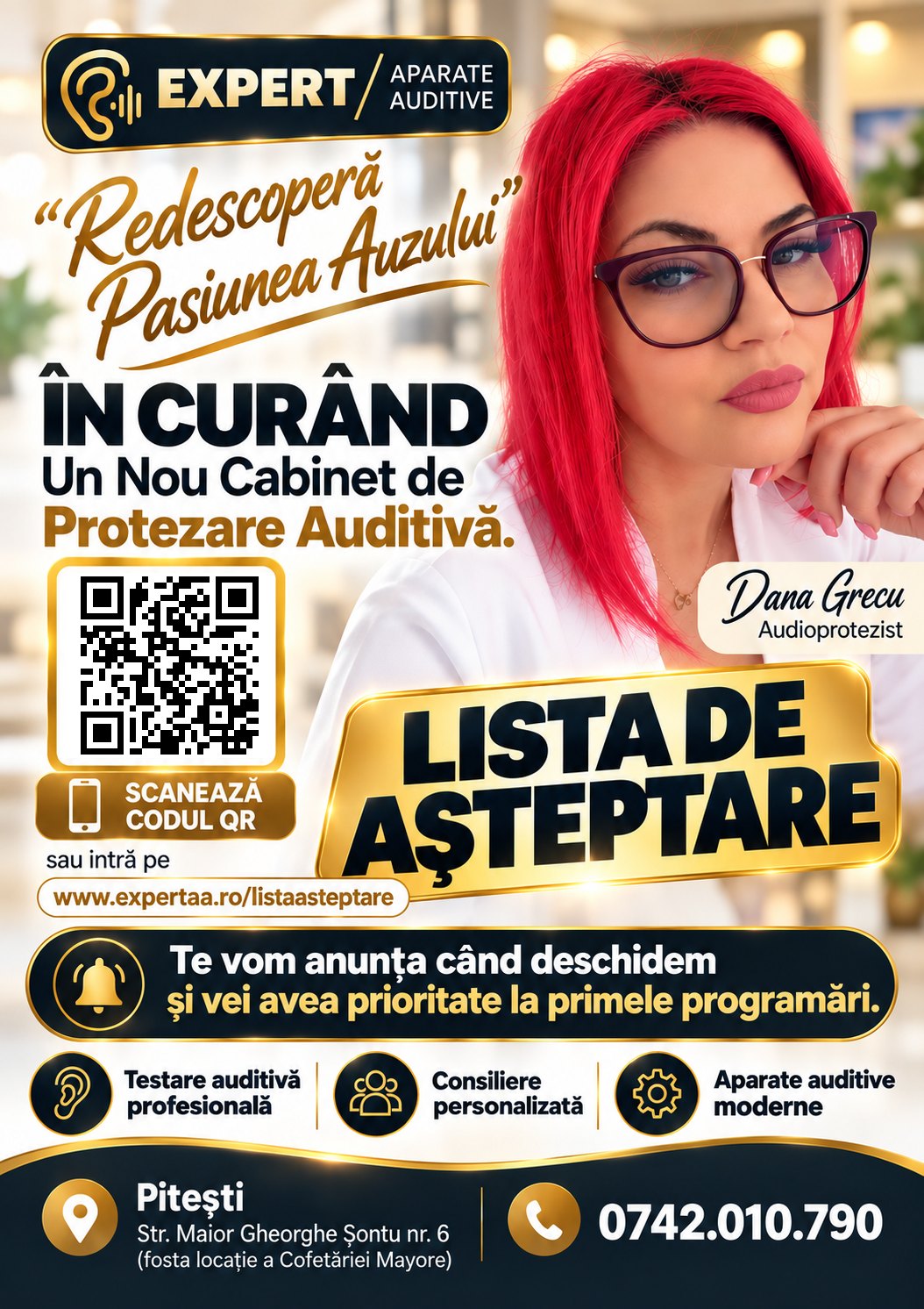 Expert Aparate Auditive – În curând, un nou cabinet de protezare auditivă în Pitești, Str. Maior Gheorghe Șontu nr. 6. Audioprotezist Dana Grecu.